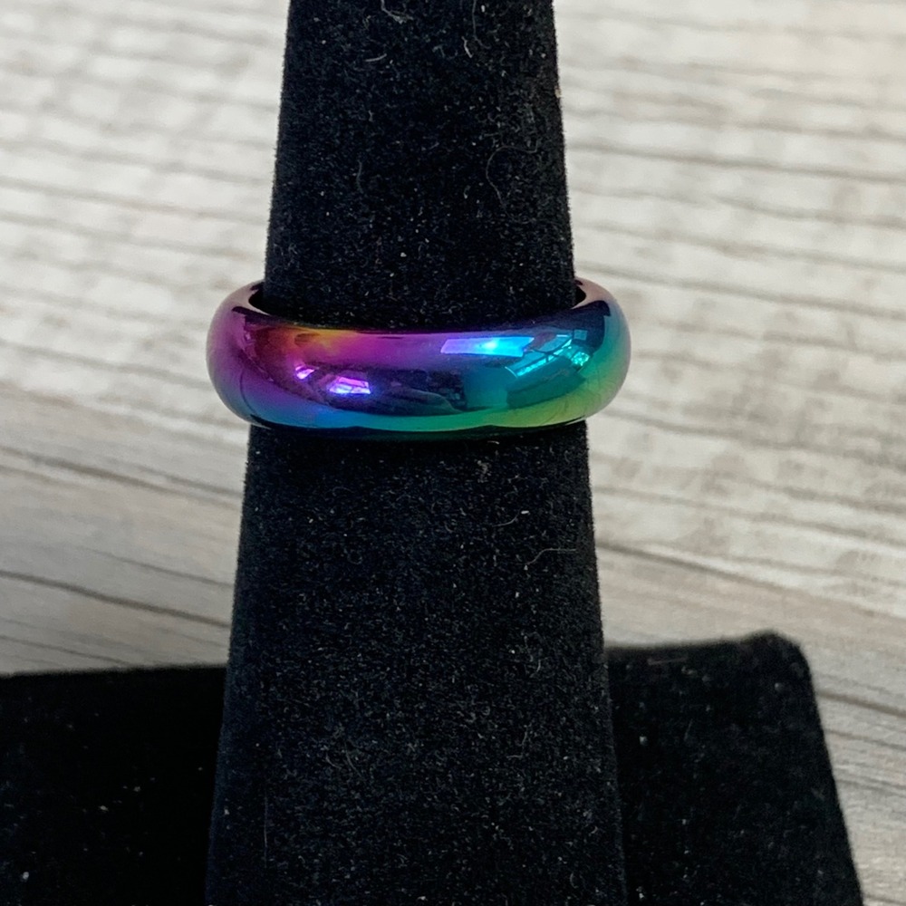 Rainbow Hematite Band Ring Iridescent Multi Color Size 7 Minimalist Domed Ring
